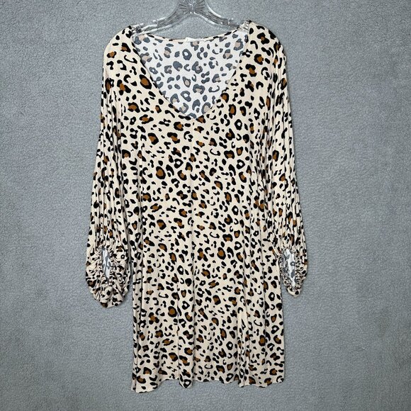 eeSome Shift Dress Womens Size Large Beige Leopard Print V Neck Knit Stretch - Picture 1 of 10